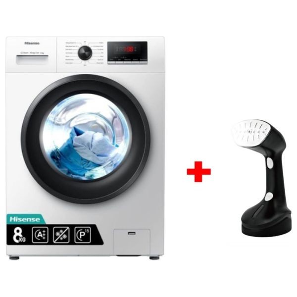 Hisense WFQP8012WS - 8Kg - 1200RPM - Front Loading Washing Machine - White + HAUSBERG HB-7901NG - Portable Steam Iron - 1200W - 200ml - Black